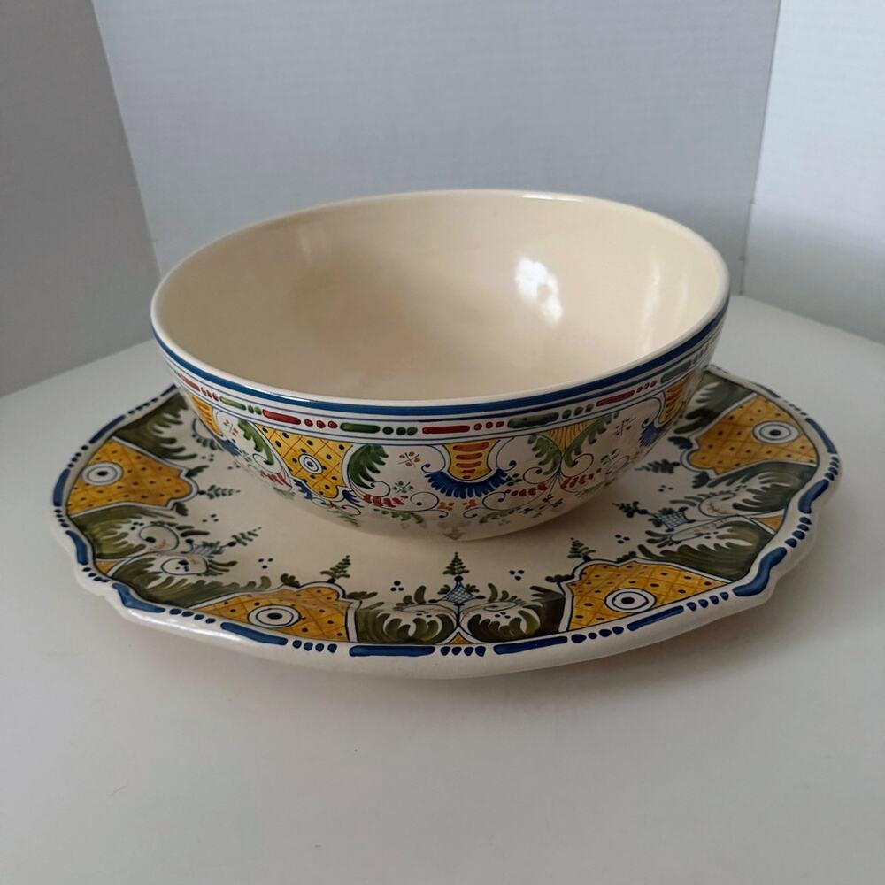 Hand‑Painted Lorenaccio Firenze Majolica Bowl & Platter Set Signed Italy Large